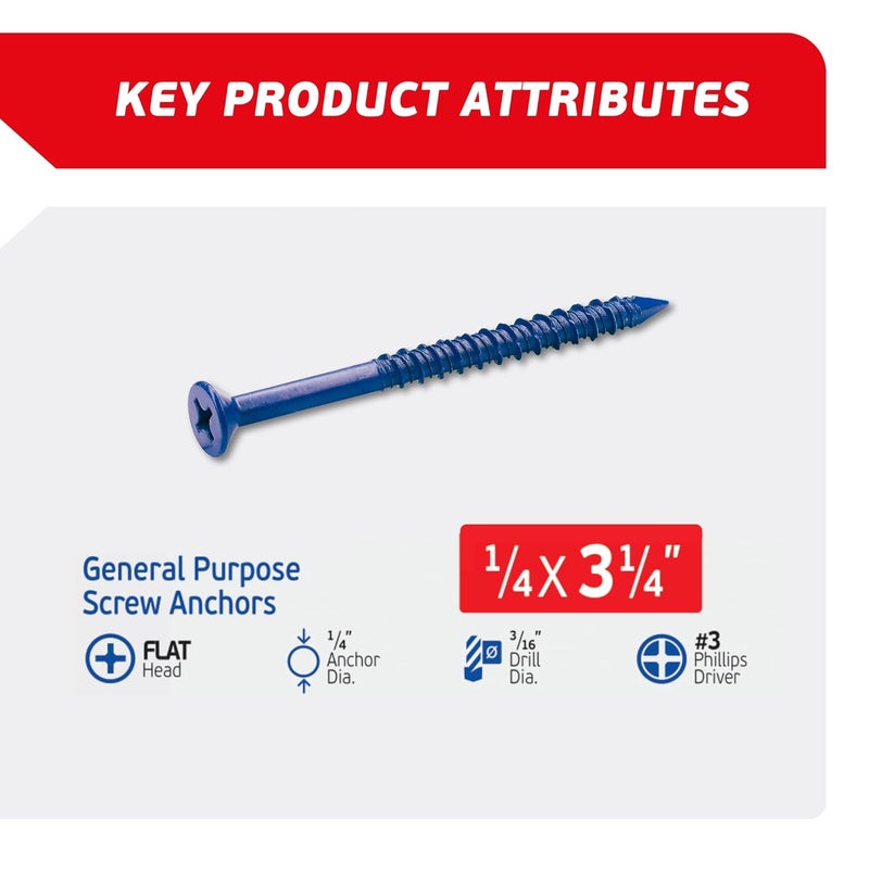 FixMaster 1/4 x 3-1/4" Countersunk Phillips Flat Head Blue Concrete Screw Anchors (100 pcs Screw Kit) with one Screwdriver and Drill Bit for Concrete, Masonry, Block, Brick and Wood Fastening - Image 2
